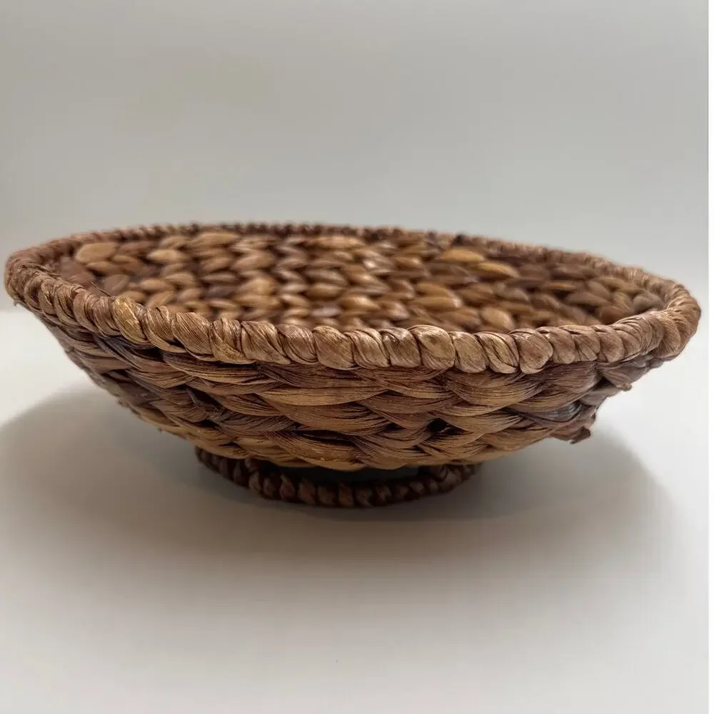 Handwoven Woven Pedestal Basket Natural Braided Centerpiece Fruit Bowl Boho